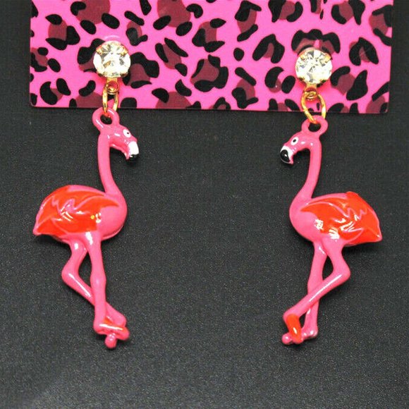 PINK Enamel FLAMINGO Rhinestone Earrings - Picture 1 of 7